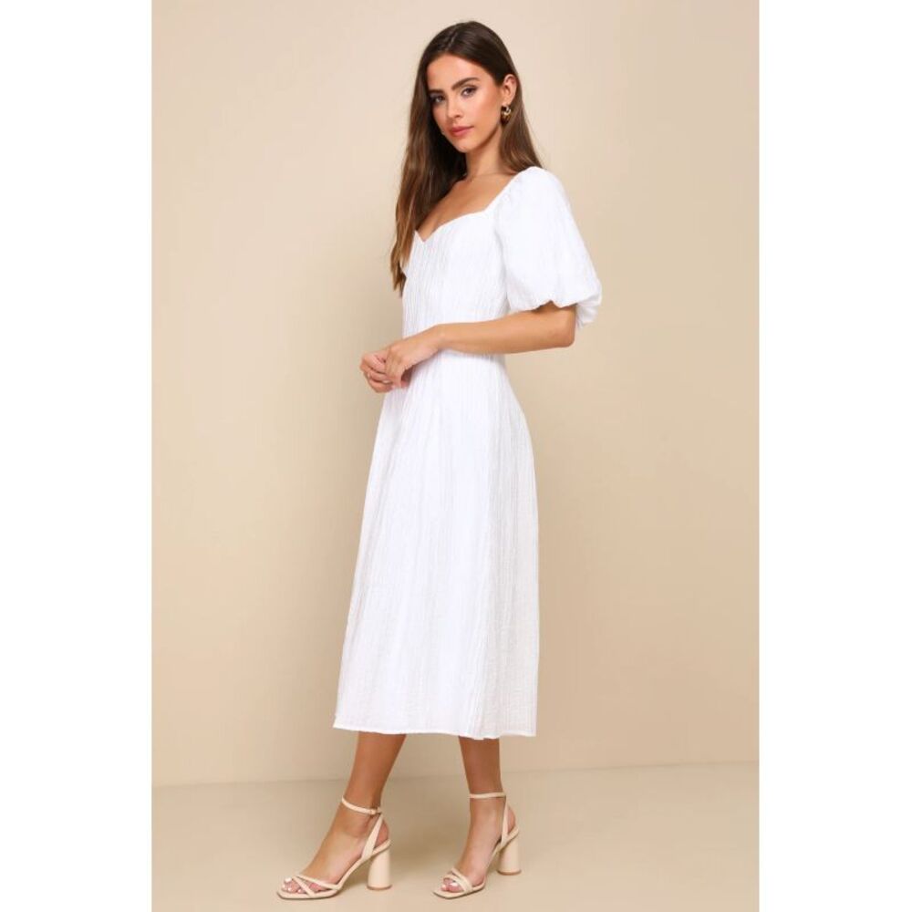 Lulu's White Puff-Sleeve Midi Dress